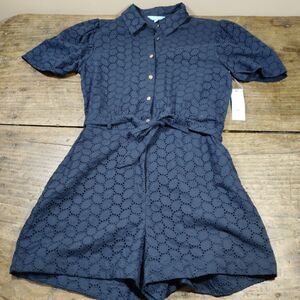 Draper James LARGE Romper NWT Button Front Shorts Eyelet Navy Blue Belted